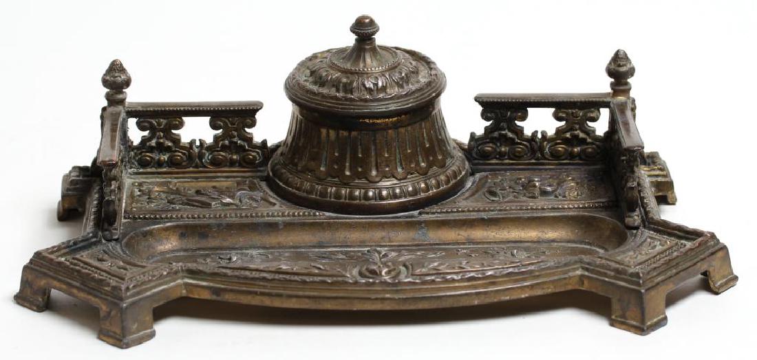 Ornate Silver-Gilt-Toned Metal Inkwell & Pen Tray (1 of 5)