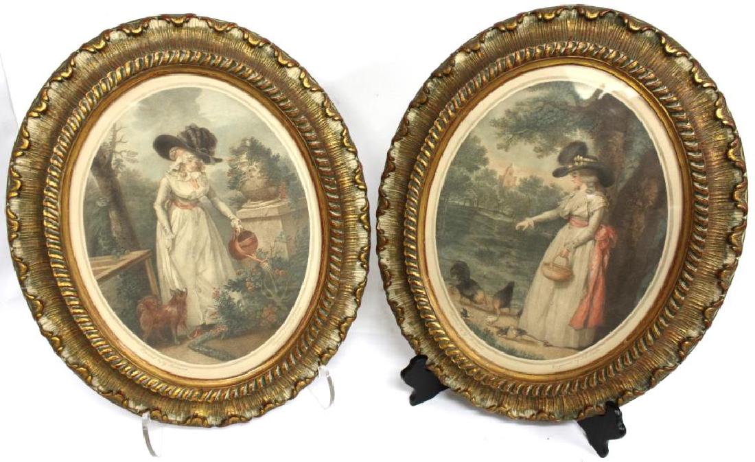 John Raphael Smith (English,1751-1812)- Mezzotints: The pair of 18th century hand-colored ovals with images after George Morland (English, 1763-1804), printed by Smith, both with old labels from the Belnord Art Studio, New York, on the reverse. Images:
