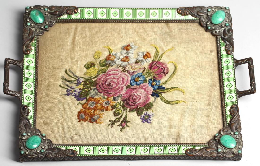 Vintage Austrian Enamel & Faux Gem Vanity Tray: 1920s, the vertical rectangular metal enameled in cream with interspersed apple green striping and diamonds bordered by a small tooth pattern, each corner with an elaborate bronzed metal escutcheon se
