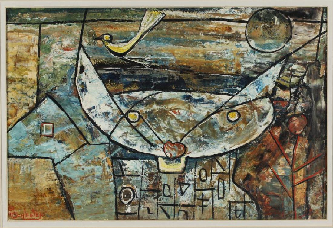 Howard Schleeter (American, 1903-1976) Wax Gouache: Cat and Canary," depicting an abstract composition with a white cat, yellow canary and full moon, signed lower left and dated "51." Image: 9.25" H X 14" W; frame: 19" x 23