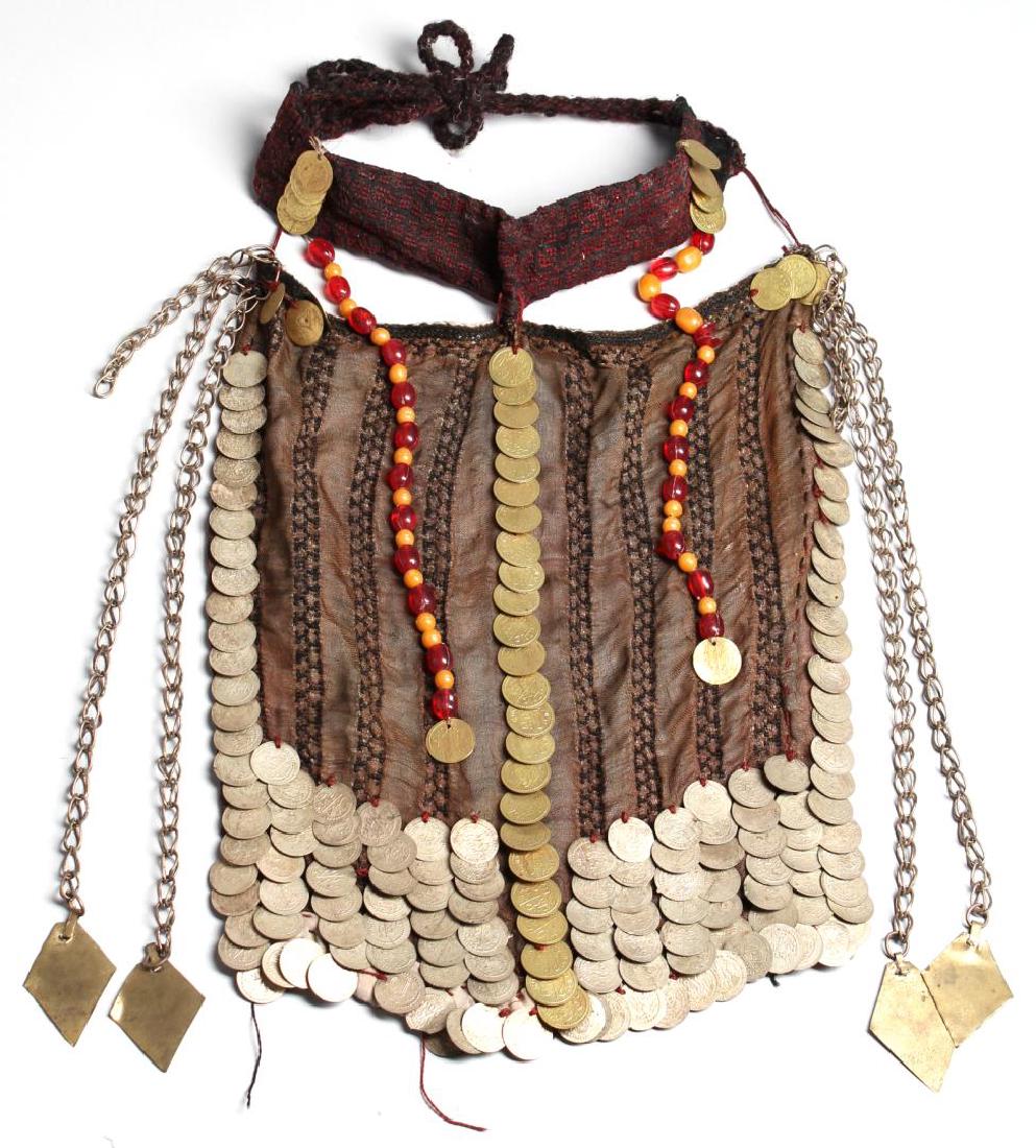 North African Tribal Beaded & Coin-Covered Veil: Possibly Bedouin. 19.5" L. Some wear to base fabric. Property from the estate of the renowned belly dancer Serena Wilson.