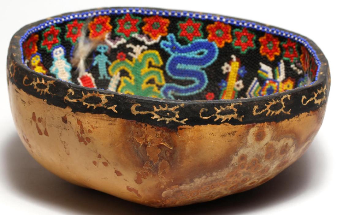 Huichol Mexico Gourd Bowl Beaded w. Shaman Symbols (1 of 4)