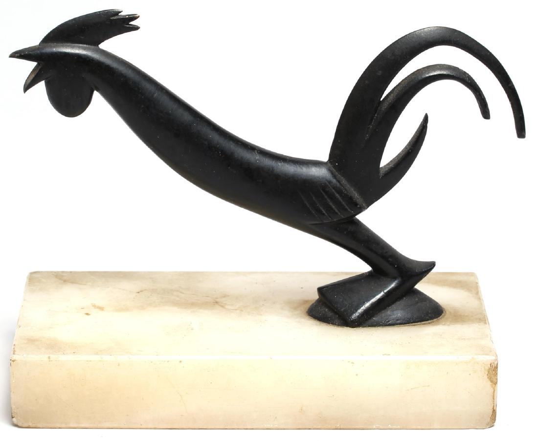 Modernist Cast Bronze Streamlined Rooster: In the Art Deco manner of Karl Hagenauer, on a white alabaster base. Overall: 4.5" H. Minor wear to base.