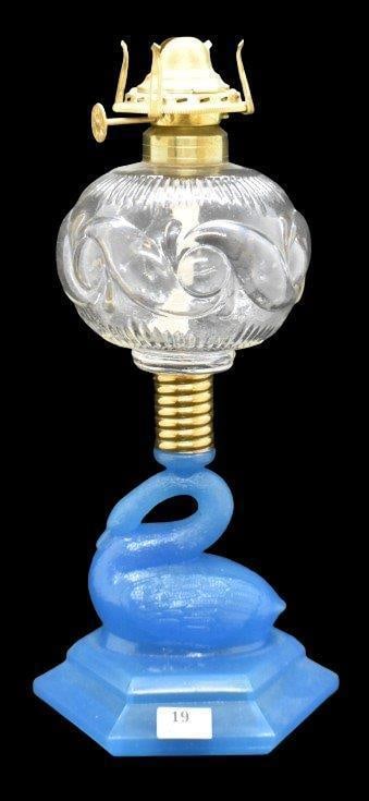 Sandwich Glass blue Swan 9" oil lamp: Sandwich Glass blue Swan 9" oil lamp; mrkd. on bottom Patd. 1868