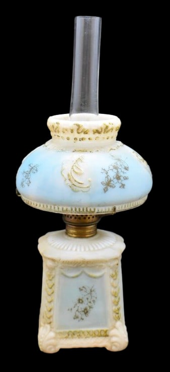 Porcelain embossed 7.5" miniature oil lamp, blue shading (1 of 10)