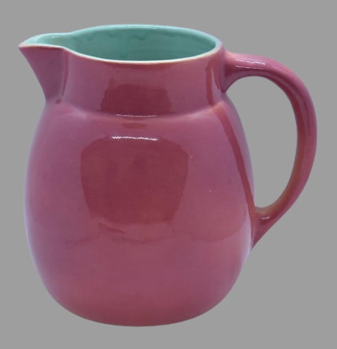 Roseville Raymor Two-Tone Casual #16 2-qt. pitcher, pink/aqua: Roseville Raymor Two-Tone Casual #16 2-qt. pitcher, pink/aqua; rare color, from the George Krause Collection