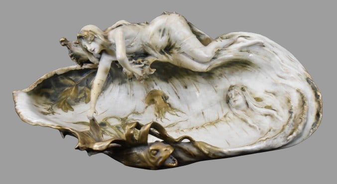 Mrkd. RW Teplitz Bohemian large figural centerpiece, water nymphs and fish (1 of 10)