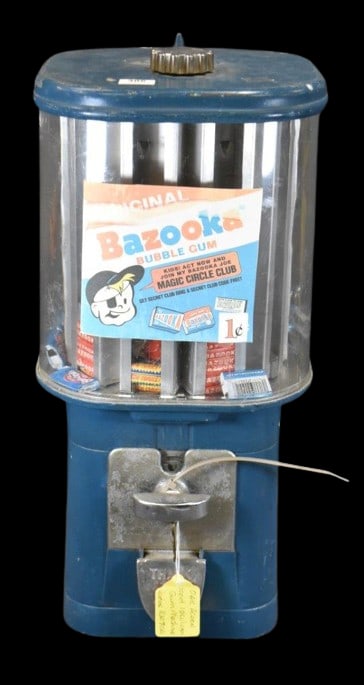 Acorn "Bazooka Bubble Gum" 1 cent coin-op vending machine: Acorn "Bazooka Bubble Gum" 1 cent coin-op vending machine; operational and has key