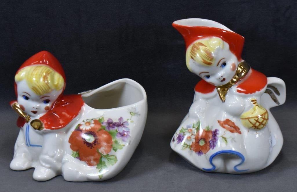(2) Hull Little Red Riding Hood creamers - crawling and tab handle: (2) Hull Little Red Riding Hood creamers - crawling and tab handle ;