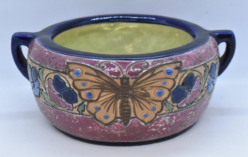 Mrkd. Amphora Pottery (Czech.) dbl. handled bowl, butterfly and floral design, cobalt trim: Mrkd. Amphora Pottery (Czech.) dbl. handled bowl, butterfly and floral design, cobalt trim; 3.5"t x 7"d
