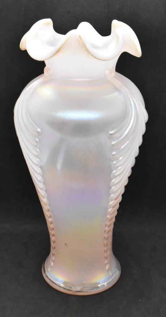 Fenton pink champagne opalescent 11" Feather pattern vase: Fenton pink champagne opalescent 11" Feather pattern vase;