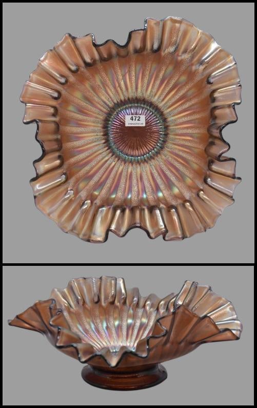 Carnival Glass Northwood Stippled Rays dome-based bowl, amy.: Carnival Glass Northwood Stippled Rays dome-based bowl, amy.; 4"h x 10"d