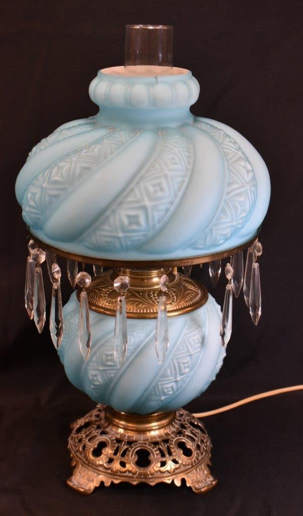 Gone with the Wind lamp, blue satin glass w/ emnbossed swirl design and clear prisms (1 of 10)