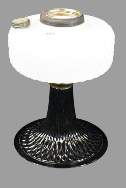 Aladdin Diamond Quilt kerosene lamp stand, white moonstone bowl w/ black moonstone base (1 of 6)