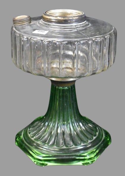 Aladdin Corinthian kerosene lamp stand, clear bowl w/ green base: Aladdin Corinthian kerosene lamp stand, clear bowl w/ green base; 9" tall