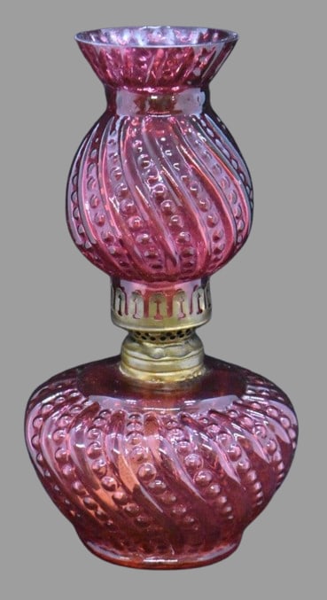 Cranberry swirled embossed beading miniature oil lamp (1 of 8)
