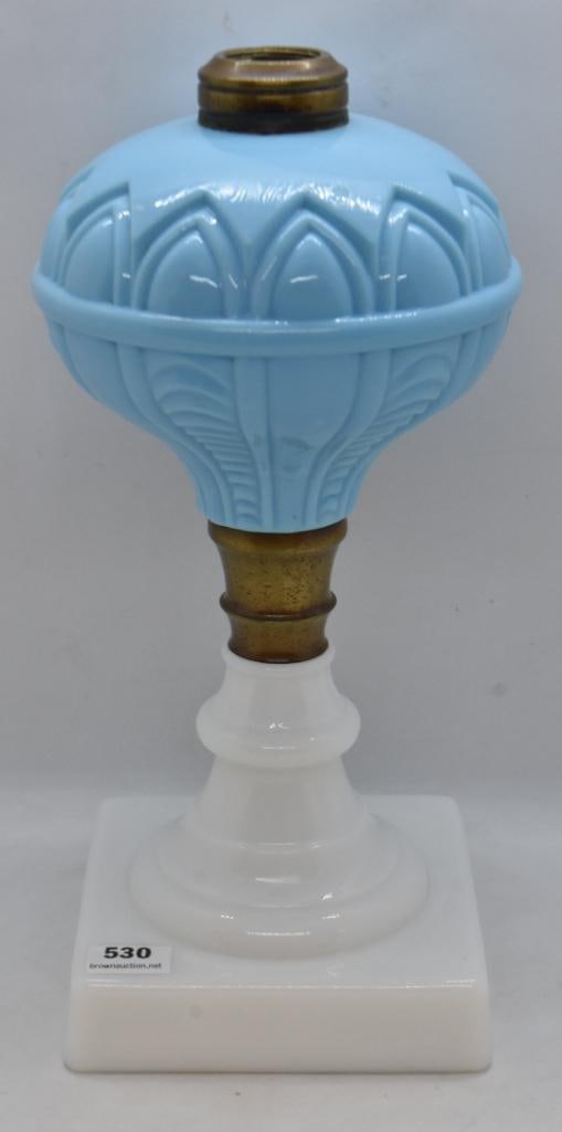Blue and white milk glass kerosene lamp stand, incised arches and loops design (1 of 5)