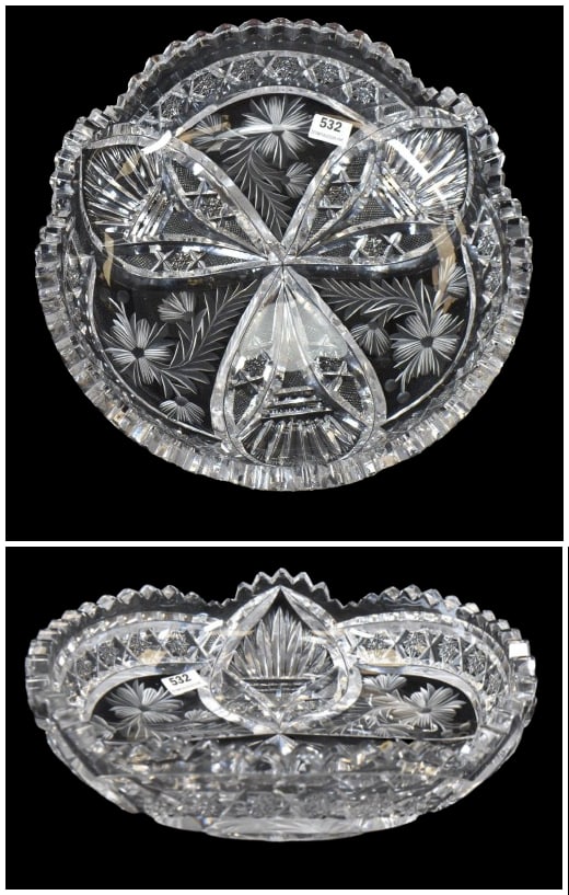 American Brilliant Cut Glass bowl, 9"d x 2"h: American Brilliant Cut Glass bowl, 9"d x 2"h; 3 center loops separated by Intaglio flowers, busy border