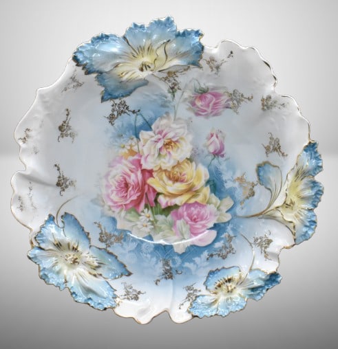 R.S. Prussia Carnation Mold 10"d bowl, multi-colored roses, red mark: R.S. Prussia Carnation Mold 10"d bowl, multi-colored roses, red mark;