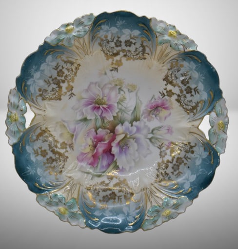 R.S. Prussia Lily Mold 10"d cake plate, floral center, circle mold mark: R.S. Prussia Lily Mold 10"d cake plate, floral center, circle mold mark;