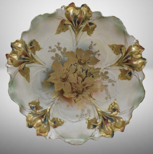 R.S. Prussia Iris Mold 9.25"d bowl, gold shadow flowers center, heavy gold Irises with Tiffany: R.S. Prussia Iris Mold 9.25"d bowl, gold shadow flowers center, heavy gold Irises with Tiffany finish, red mark;
