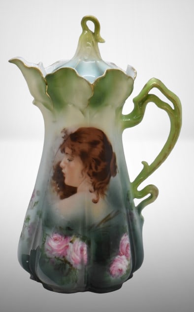 R.S. Prussia Mold 502 9"h portrait chocolate pot: R.S. Prussia Mold 502 9"h portrait chocolate pot;