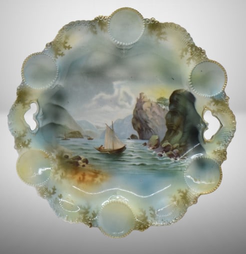 R.S. Prussia Medallion Mold 10.5"d cake plate, Old Man in the Mountain, red mark: R.S. Prussia Medallion Mold 10.5"d cake plate, Old Man in the Mountain, red mark;