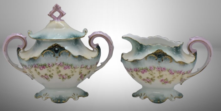 R.S. Prussia creamer and cov. sugar, garlands of dainty pink roses: R.S. Prussia creamer and cov. sugar, garlands of dainty pink roses;