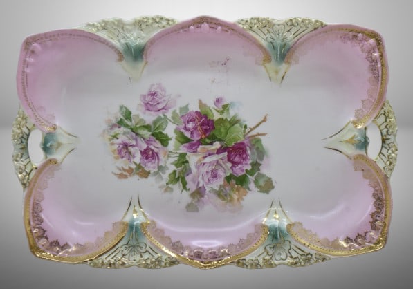 R.S. Prussia Point and Clover Mold tray, 11.5" x 7.5", pink roses, red mark: R.S. Prussia Point and Clover Mold tray, 11.5" x 7.5", pink roses, red mark;