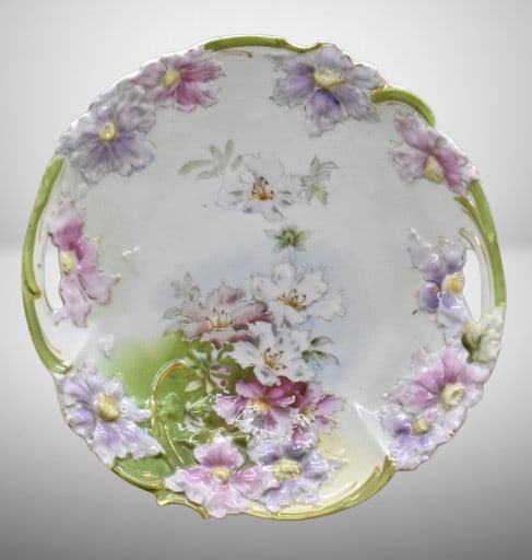 R.S. Prussia 11"d cake plate, floral decoration and blown-out border mold, circle mold mark: R.S. Prussia 11"d cake plate, floral decoration and blown-out border mold, circle mold mark;