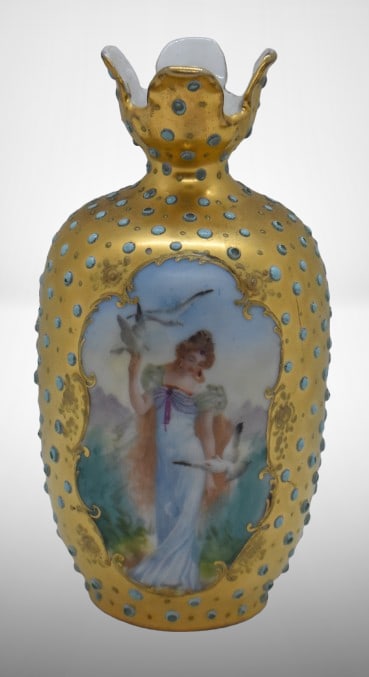 Mrkd. Prov Saxe 5" vase, Lady w/ Doves: Mrkd. Prov Saxe 5" vase, Lady w/ Doves; turquoise beading overall