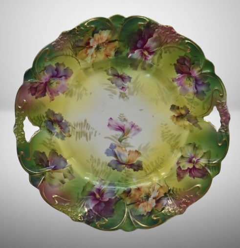 Handpainted porcelain 11"d cake plate, Scattered poppies: Handpainted porcelain 11"d cake plate, Scattered poppies;