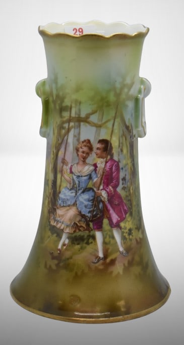 Mrkd. R.S. Prussia 7" scenic vase, Woman in swing II: Mrkd. R.S. Prussia 7" scenic vase, Woman in swing II;