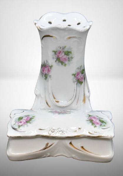 R.S. Prussia Mold 734 hat pin holder attached to pin box, pink roses, red mark: R.S. Prussia Mold 734 hat pin holder attached to pin box, pink roses, red mark;