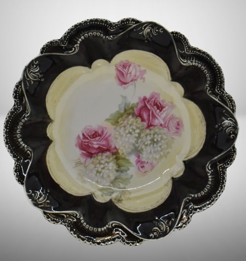 R.S. Prussia Mold 329 10"d bowl, Roses and Snowballs, heavy black border, red mark: R.S. Prussia Mold 329 10"d bowl, Roses and Snowballs, heavy black border, red mark;