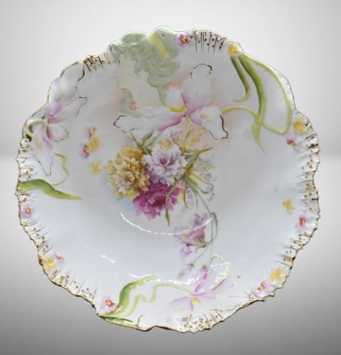 R.S. Prussia Hidden Image 10"d bowl, woman's cameo/ floral center, circle mold mark: R.S. Prussia Hidden Image 10"d bowl, woman's cameo/ floral center, circle mold mark;