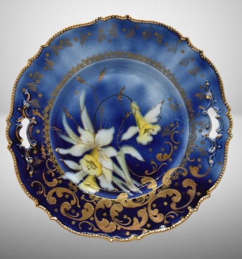 Saxe Altenburg Germany cobalt 10.5"d cake plate w/ Lilies: Saxe Altenburg Germany cobalt 10.5"d cake plate w/ Lilies; heavy gold designs