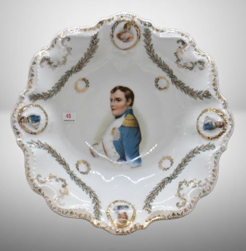 Prussia-style 10.25"d portrait bowl, Napoleon: Prussia-style 10.25"d portrait bowl, Napoleon; 4 border medallions also feature portraits