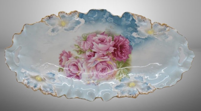 R.S. Prussia Carnation Mold 12" x 6" relish/ celery dish, pink roses, red mark: R.S. Prussia Carnation Mold 12" x 6" relish/ celery dish, pink roses, red mark;