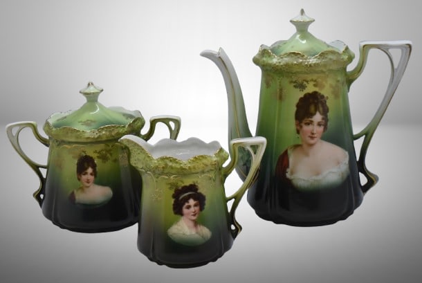 R.S. Prussia Stippled Floral Mold 3 pc. tea set, Madame Recamier and LeBrun I portraits: R.S. Prussia Stippled Floral Mold 3 pc. tea set, Madame Recamier and LeBrun I portraits;