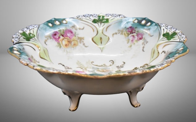 R.S. Prussia Point and Clover 3-ftd. 7.5"d x 2.5"h bowl, Roses, red mark: R.S. Prussia Point and Clover 3-ftd. 7.5"d x 2.5"h bowl, Roses, red mark;