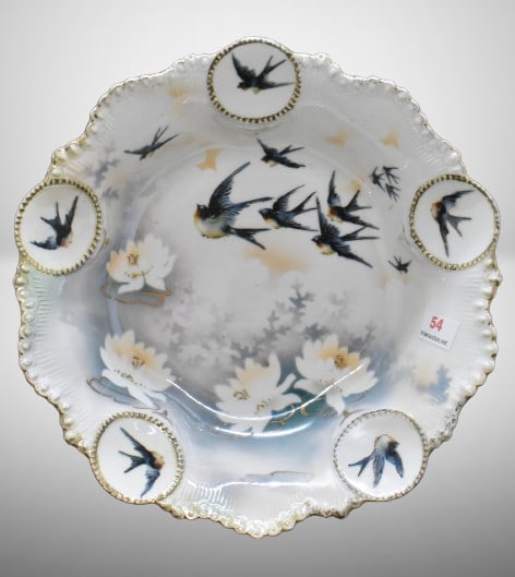 R.S. Prussia Medallion Mold 8"d bowl, Swallows and shadow flowers, red mark: R.S. Prussia Medallion Mold 8"d bowl, Swallows and shadow flowers, red mark;