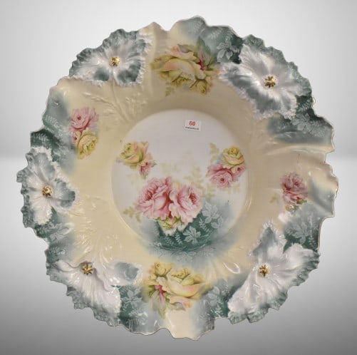 R.S. Prussia Carnation Mold 15"d centerpiece bowl, multi-colored roses: R.S. Prussia Carnation Mold 15"d centerpiece bowl, multi-colored roses;