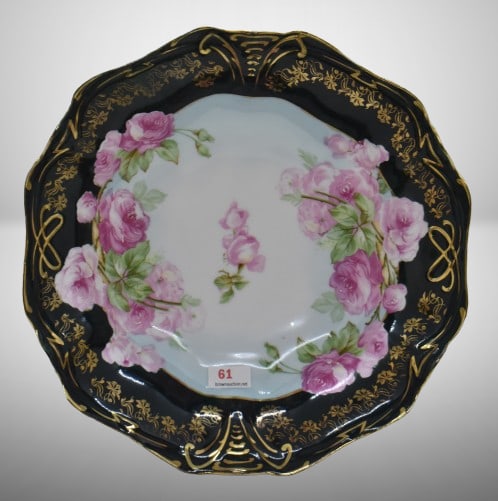 Mrkd. R.S. Germany 9"d bowl, pink roses w/ wide black border: Mrkd. R.S. Germany 9"d bowl, pink roses w/ wide black border;