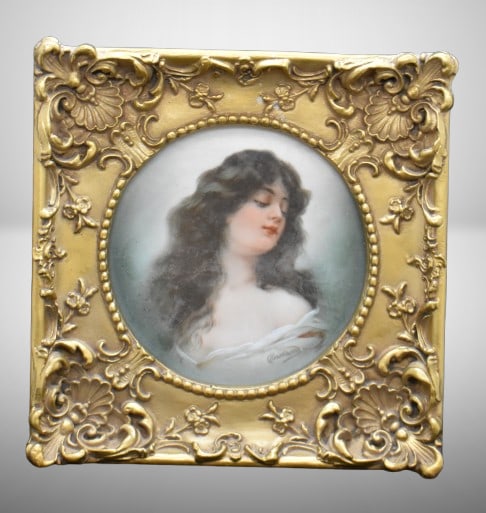 Lady portrait framed plate, signed Constance (Austrian): Lady portrait framed plate, signed Constance (Austrian); MZ Austria marks, framed size 9" x 9", plaque is 6"