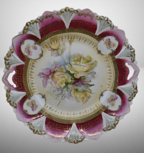 R.S. Prussia Mold 98 11"d cake plate, yellow roses: R.S. Prussia Mold 98 11"d cake plate, yellow roses; gold enamelled highlights and Greek Key design