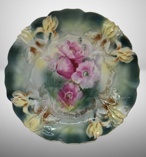 R.S. Prussia Iris Mold 9"d plate, pink poppies, red mark: R.S. Prussia Iris Mold 9"d plate, pink poppies, red mark;