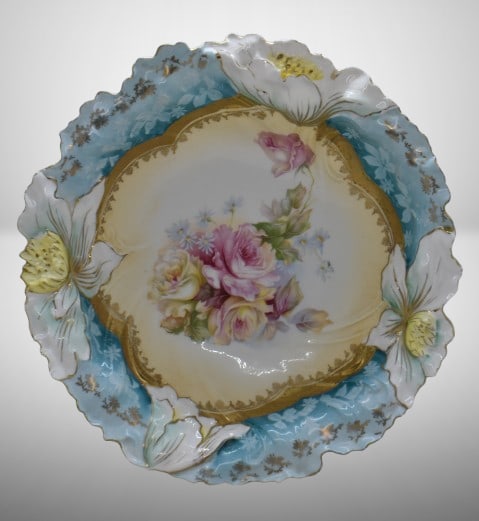 R.S. Prussia 10.5"d bowl, pink and yellow roses, circle mold mark: R.S. Prussia 10.5"d bowl, pink and yellow roses, circle mold mark; nice floral mold
