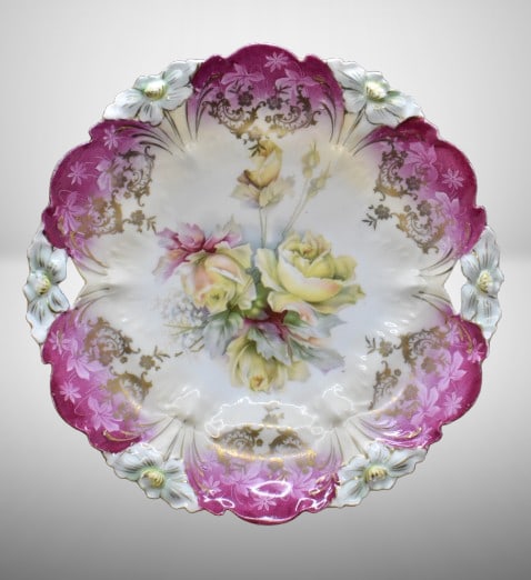 R.S. Prussia Lily Mold 11"d cake plate, yellow roses, circle mold mark: R.S. Prussia Lily Mold 11"d cake plate, yellow roses, circle mold mark; nice rose border finish