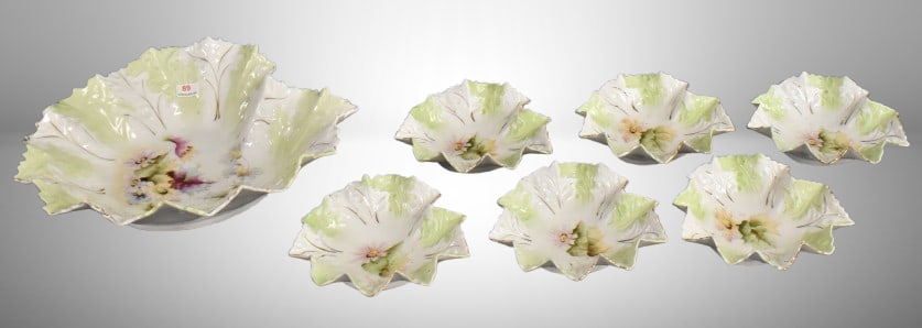 Handpainted porcelain 7 pc. berry set, mixed florals: Handpainted porcelain 7 pc. berry set, mixed florals; heart-shaped leaf-shaped mold